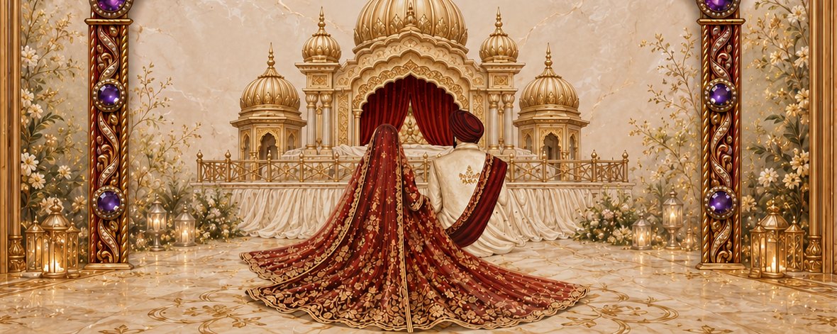Golden domed palace illustration with florals